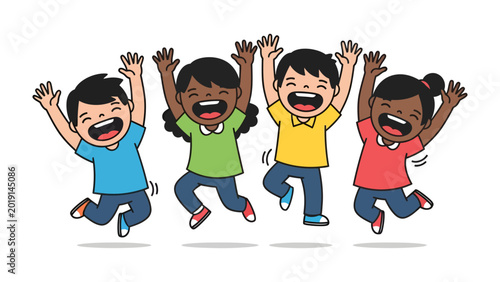 Cuadro en lienzo Joyful Leap: A group of diverse children leap into the air, arms raised in a display of unadulterated glee