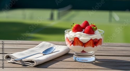 Strawberry Trifle Dessert with Fresh Strawberries and Cream on Wooden Table, Tennis Court Background