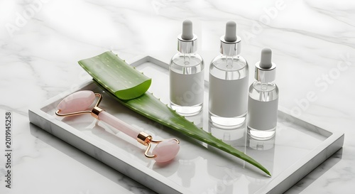 Natural skincare serum bottles, aloe vera leaf, rose quartz face roller