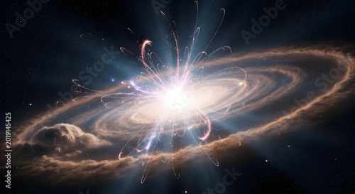 Cinematic supernova explosion, cosmic galaxy spiral, glowing star birth