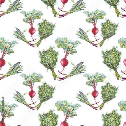 Billede på lærred Watercolor seamless pattern with hand-drawn purple beet with leaves dill and wild garlic on white background