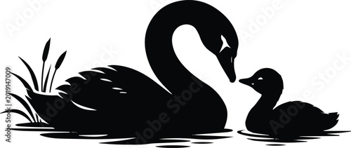 Canvas Print Preparation on Elegant black silhouette illustration of adult swan and cygnet fa