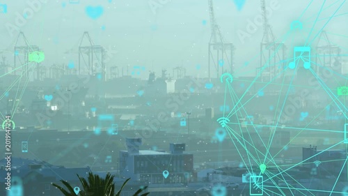 Digital icons drifting from right edge and linking over hazy harbor skyline, mapping connectivity