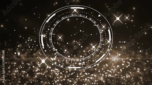 On play central sepia HUD ring rotating while gold bokeh shining sparkles flaring indicating focus