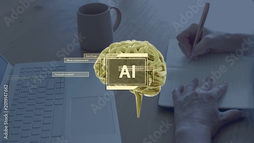 Golden AI brain appearing after hand begins writing, floating while labels pulsing to assist note