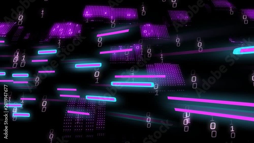 Neon bars entering left starting motion gliding past purple tiles bits cascading forming data flow