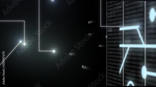 Rack panel receiving glowing nodes and L-shaped trails, lights appearing above initiating data link