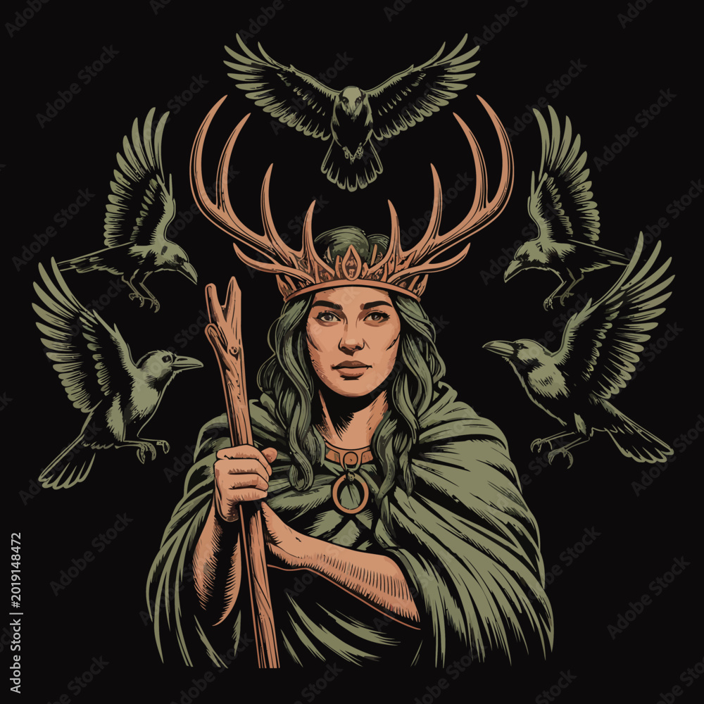 Fototapeta premium Woman wearing antlered headpiece with birds.