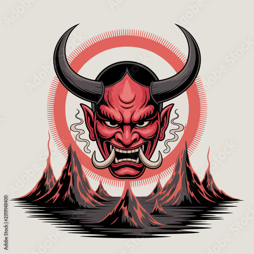 Tableau sur toile Red demon face with horns and tusks.