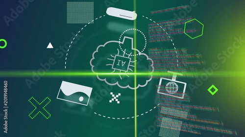 Gliding neon beam initiating AI cloud coalescing, attracting orbiting device icons for data sync