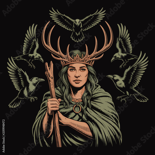 Photography Woman wearing antlered headpiece with birds.