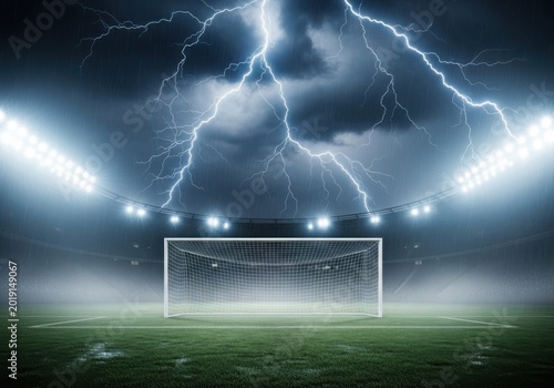 Empty soccer stadium under dramatic lightning storm with bright floodlights illuminating the field