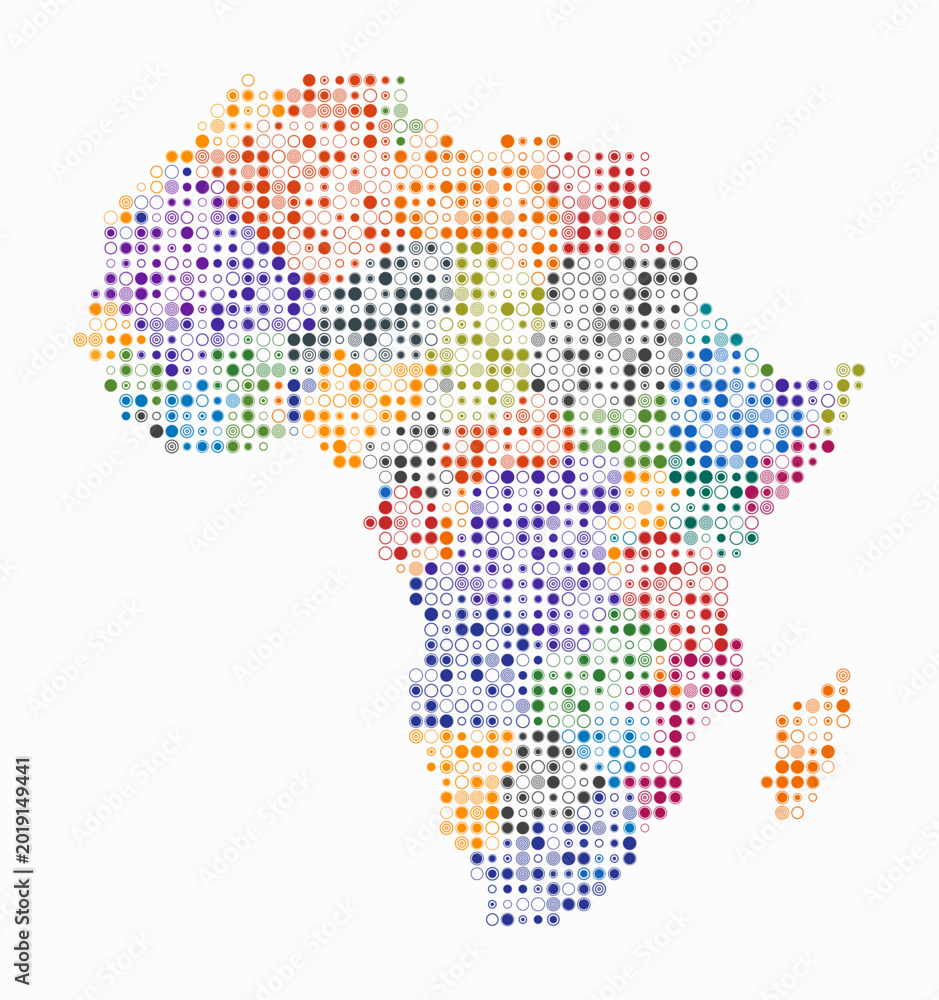 Fototapeta premium Africa, shape of the continent build of colored cells. Digital style map of the Africa on white background. Small size circle blocks. Classy vector illustration.