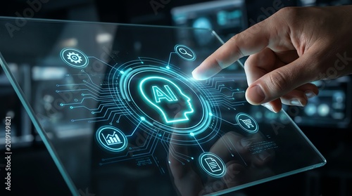 Innovative AI technology touching a digital interface with futuristic glowing icons representing artificial intelligence concepts and data processing