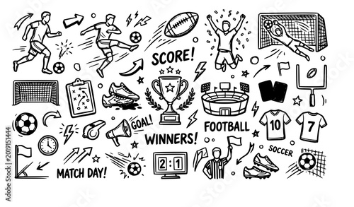 Tableau sur toile Trendy soccer football doodle vector bundle with sport sketch action and game ic
