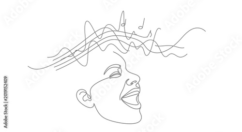 Quadro su tela Abstract Line Art: Woman Singing, Sound Waves, Musical Notes, Creativity, Voice