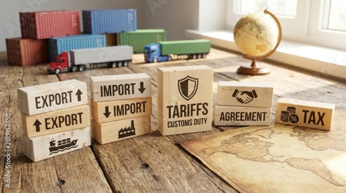 Global trade logistics and commerce symbols representing import export tariffs customs duty agreement and tax with toy trucks