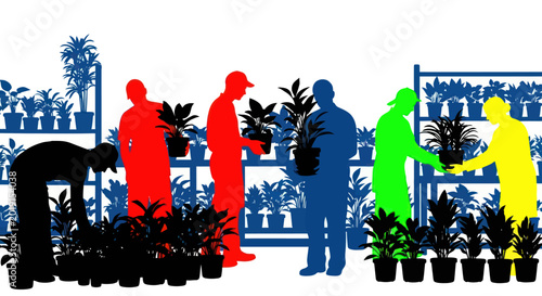 Diverse shoppers choosing plants in a bright, modern garden center with colorful silhouettes