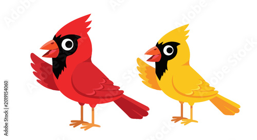 Canvas Print Two Cartoon Cardinals, Red and Yellow, Waving Hello