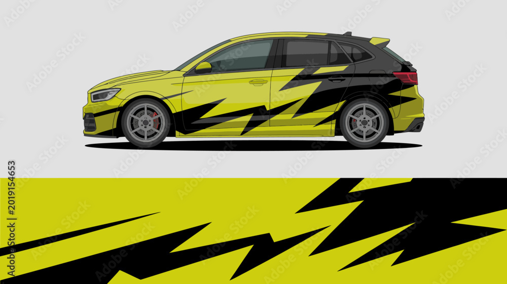 Fototapeta premium Yellow Car with Black Lightning Decals.