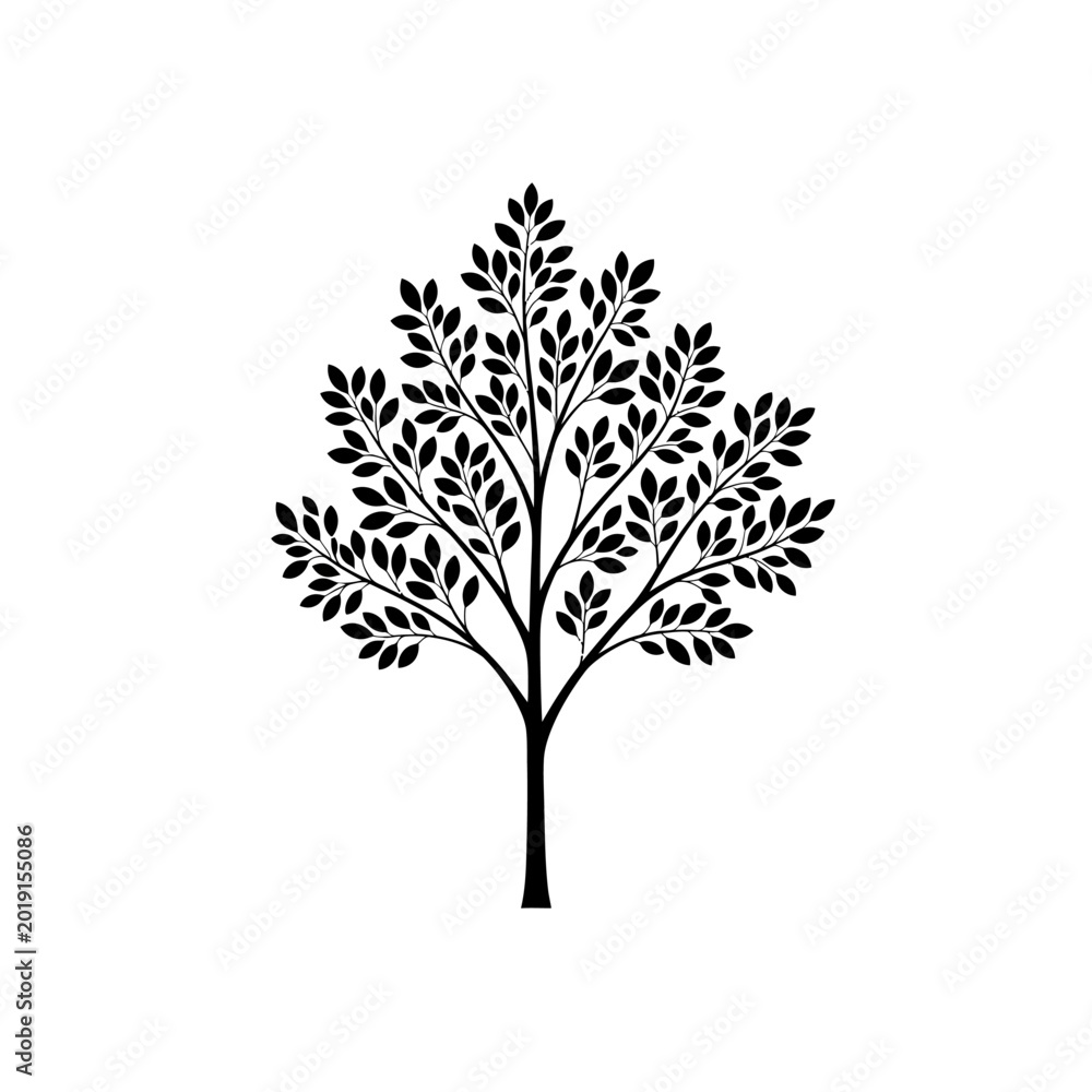 Obraz premium Black Silhouette Tree with Leaves on White Background, Vector Illustration