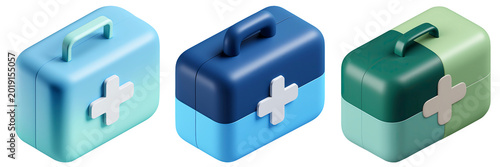 Three Colorful 3d Rendered First Aid Kits with Cross Symbols