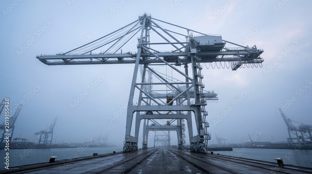 Fototapeta premium Seaport Container Bridge Crane Towering Over Empty Quay With Clean Steel Lattice Industrial Precision