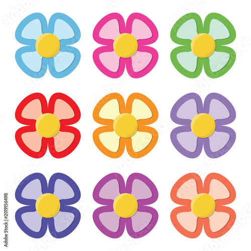 Set of colorful 3D flowers with yellow centers