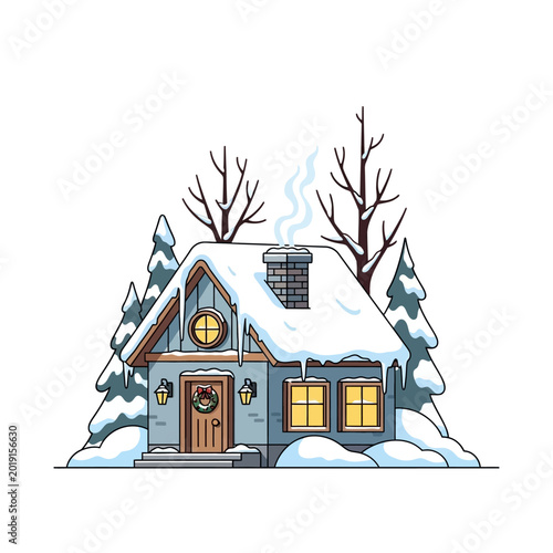 Bild auf Leinwand Cozy Winter Cottage with Snow, Christmas Wreath, and Smoke from Chimney