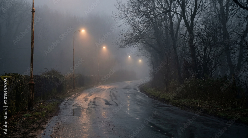 Naklejka premium Foggy Backroad With Broken Street Lamps And Wet Reflections Creating Atmospheric Cinematic Night Scene