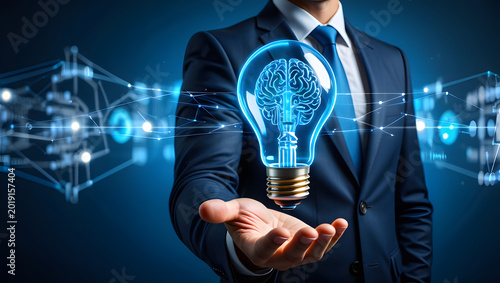 Creativity, Inspiration and new idea of growth for business with Smart idea, Businessman holding half of abstract light bulb and brain on dark blue background