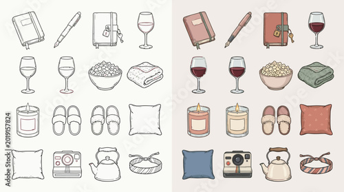 Foto Collection of cozy home icons in two color schemes, representing comfort and relaxation