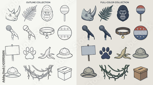Photography Collection of Outline and Full-Color Icons Featuring Safari and Jungle Elements