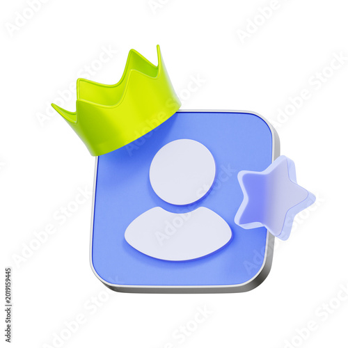 3D illustration of a user profile card with a crown and star for VIP membership, customer loyalty programs, premium accounts, top fan recognition, and user ratings.