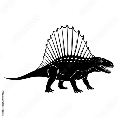 Fotografie Silhouette of a Dimetrodon Dinosaur with Sail Fin on White Background