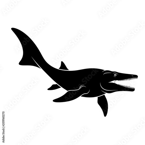 Tablou pe pânză Silhouette of a Mosasaurus Dinosaur swimming, prehistoric marine reptile