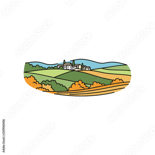 Tuscany landscape with rolling hills and small village