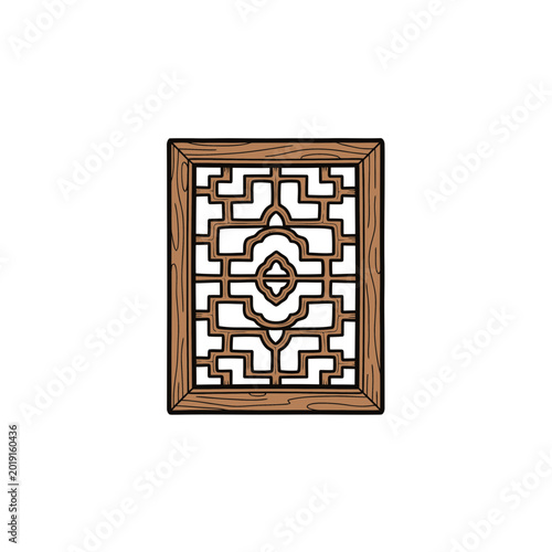 Traditional Chinese wooden window frame with lattice pattern