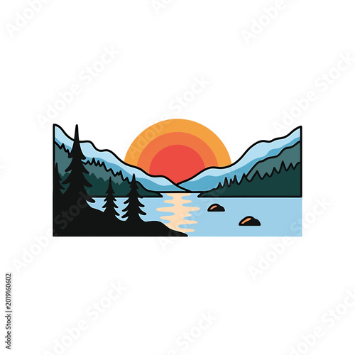 Scenic mountain landscape at sunset with lake and pine trees