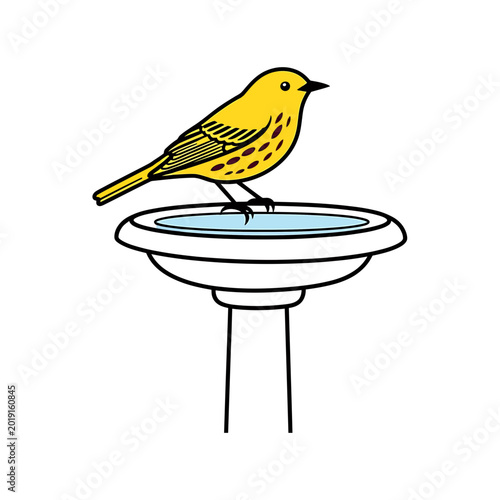 Yellow Songbird Resting on a White Garden Birdbath