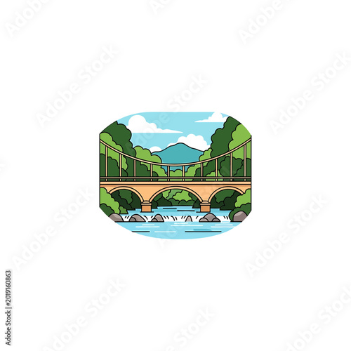 Scenic stone arch bridge over river with mountain landscape