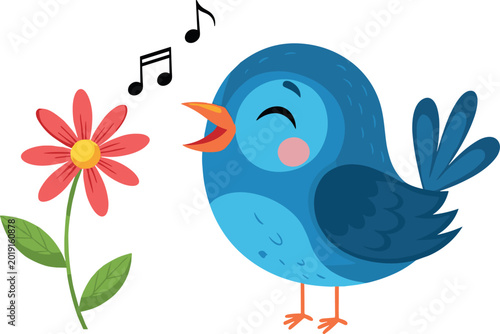 Foto “Cartoon vector illustration of cheerful blue bird singing with musical notes be