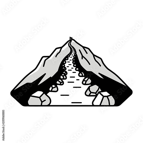 Mountain peak with flag and winding path representing achievement