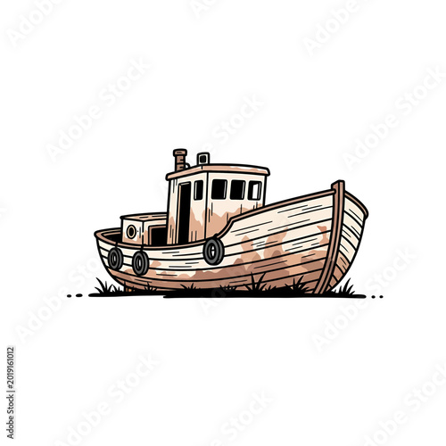 Abandoned vintage wooden fishing boat resting on land