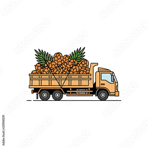 Cargo truck transporting harvested oil palm fresh fruit bunches