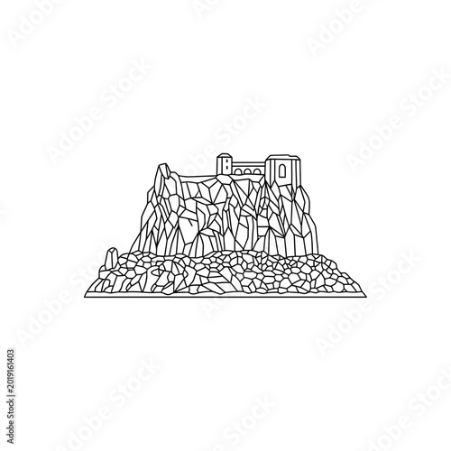 Medieval Stone Fortress Perched on Craggy Cliff Line Drawing