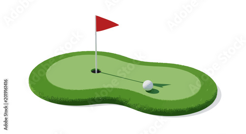 A golf ball rests on a green putting surface, close to the hole marked by a red flag. Isolated on a white background, symbolizing the game of golf.