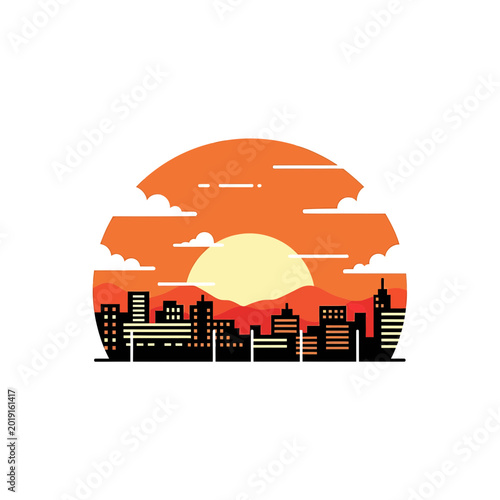 Urban city skyline silhouette with large sunset and red mountains