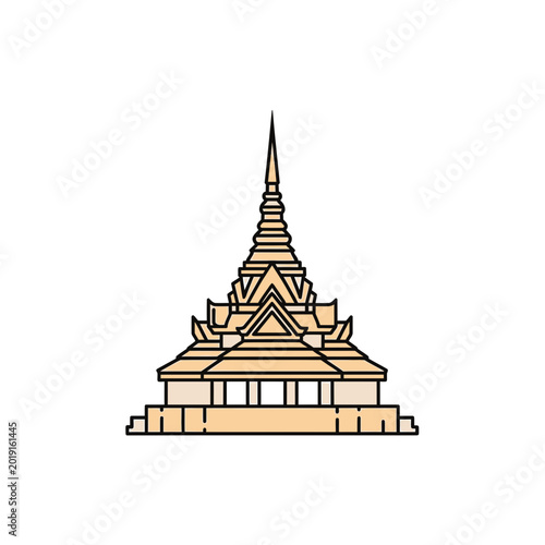 Thai Temple Building with Tiered Roof and Pointed Spire