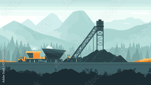A digital illustration of a mining operation with a yellow truck unloading at a conveyor belt near a debris pile, mountains, trees, and muted skies in a clean, minimalist style